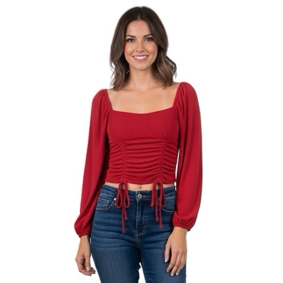 No Boundaries Red Ruched Drawstring Tie Front Crop Top Square Neck Blouse M NWT - Picture 1 of 16